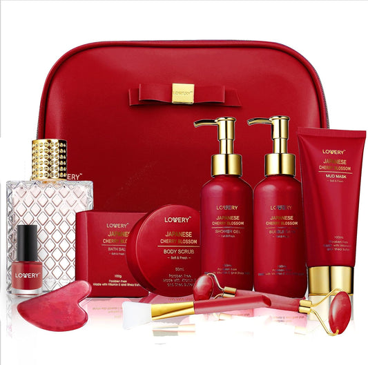 Christmas Gifts for Women, Japanese Cherry Blossom Spa Gift Basket for Mom - Self Care Kit Bath Set with Shower Gel, Bubble Bath, Perfume, Gua Sha - Birthday Gift Set for Women, Mom, Mother'S Day