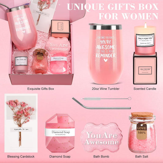 Birthday Gifts - Relaxing Spa Gifts Basket for Women; Her Mom, Grandma, Daughter, Sister, Wife, Girlfriend, Friends - Unique Bath Set Gifts (Pink)